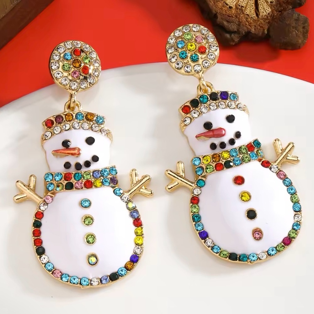 Christmas Cute Snowman Earrings,Enamel Rhinestone Cartoon Drop Earrings,